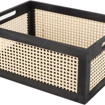 Wooden Frame Storage Basket, Decorative Organizer Crates Box with Built-in Handle,Natural Wire Wood Nesting Drawer Storage for Kitchen, Bathroom and Office Desktop-(15" Lx11 Wx6.3 H-Black)