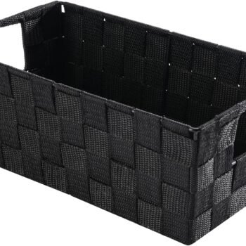 Small Woven Storage Baskets for Shelves - Decorative Organizer Bins with Metal Structure, Versatile Shelf Storage Solution for Home Organization & Closet (Black)