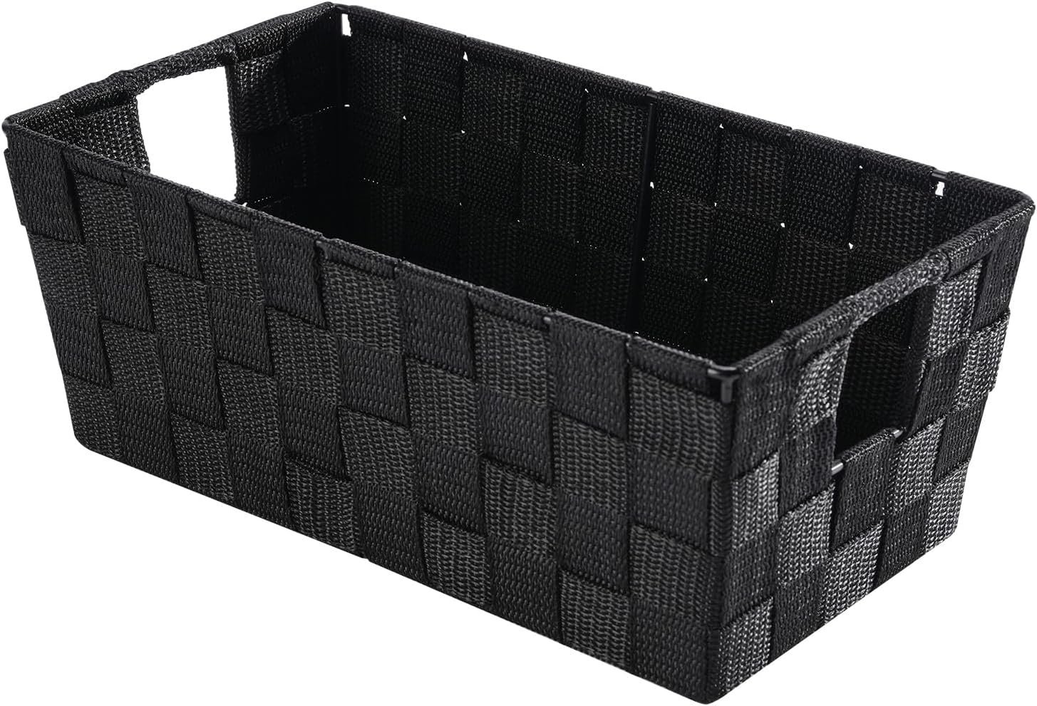 Small Woven Storage Baskets for Shelves - Decorative Organizer Bins with Metal Structure, Versatile Shelf Storage Solution for Home Organization & Closet (Black)