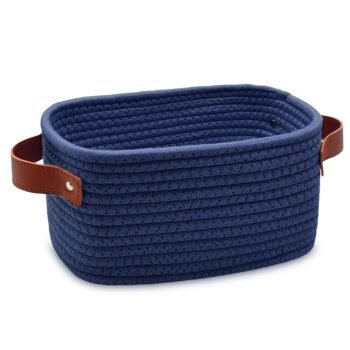 Small Storage Basket, Mini Baskets with Handle, Cute Cotton Woven Baskets for Shelves, Boho Decorative Toy Storage Bin for Nursery, Spa, Empty Gift Basket - XS, Navy Blue