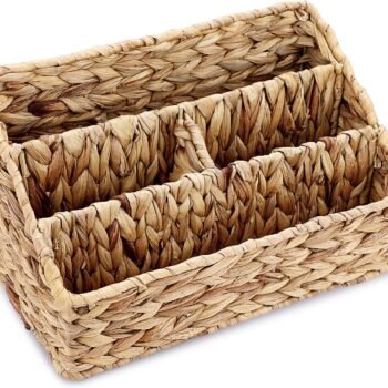 Woven Divided Storage Basket Natural Hyacinth Vertical Wicker Storage Baskets 4 Compartments Desktop Home Office Supplies Sorter Rack