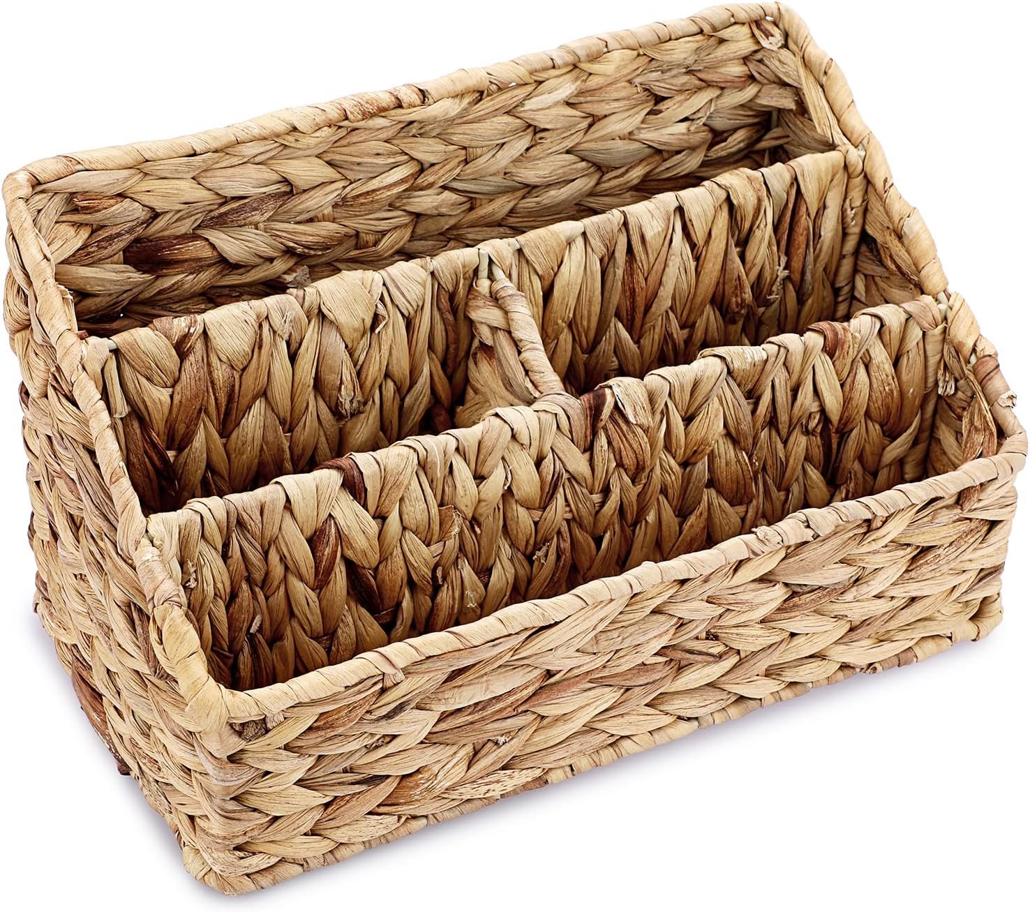 Woven Divided Storage Basket Natural Hyacinth Vertical Wicker Storage Baskets 4 Compartments Desktop Home Office Supplies Sorter Rack