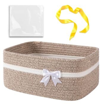 Large Woven Storage Basket with Handles for Nursery Living Room Shelves, Bow Basket for Gifts Empty with Gift Bags and Ribbons for Baby Showers Pet Toy Bin - Brown & White