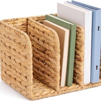 Water Hyacinth Magazine Holder, Wicker Rattan File Organizer, 3 Vertical Compartments Desktop Paper Sorter for Binders, Notebooks, Envelopes, Woven Boho Office Desk Organizer