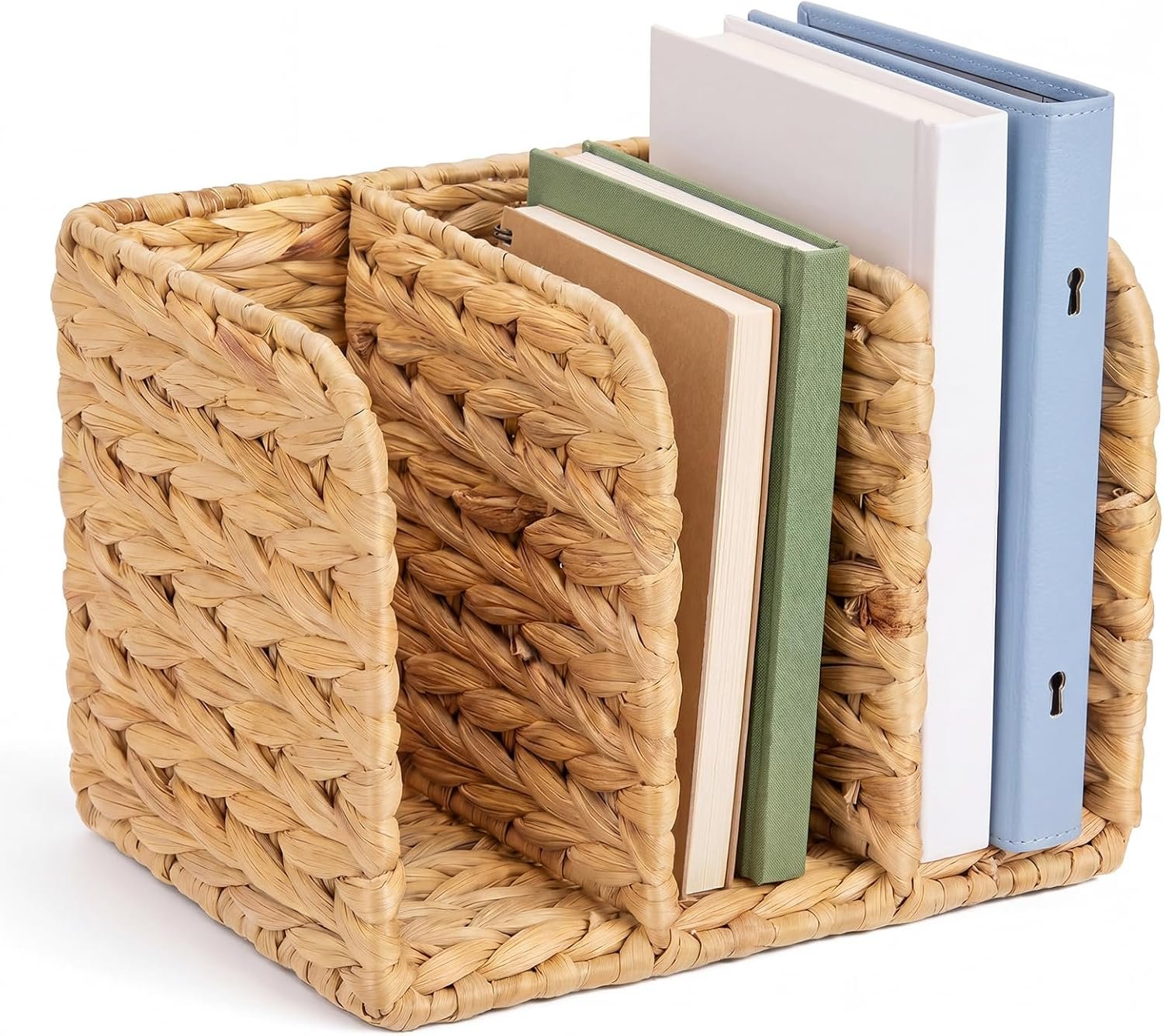 Water Hyacinth Magazine Holder, Wicker Rattan File Organizer, 3 Vertical Compartments Desktop Paper Sorter for Binders, Notebooks, Envelopes, Woven Boho Office Desk Organizer