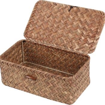 Wicker Shelf Baskets with Lid,Seagrass Storage Basket Bins Rectangular Handwoven Basket Boxes for Shelves Desktop Home Organizer (Coffee, X-Small)