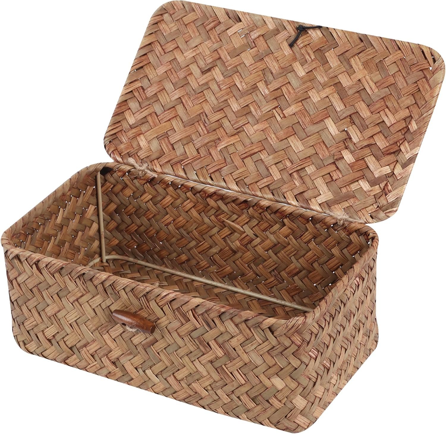 Wicker Shelf Baskets with Lid,Seagrass Storage Basket Bins Rectangular Handwoven Basket Boxes for Shelves Desktop Home Organizer (Coffee, X-Small)