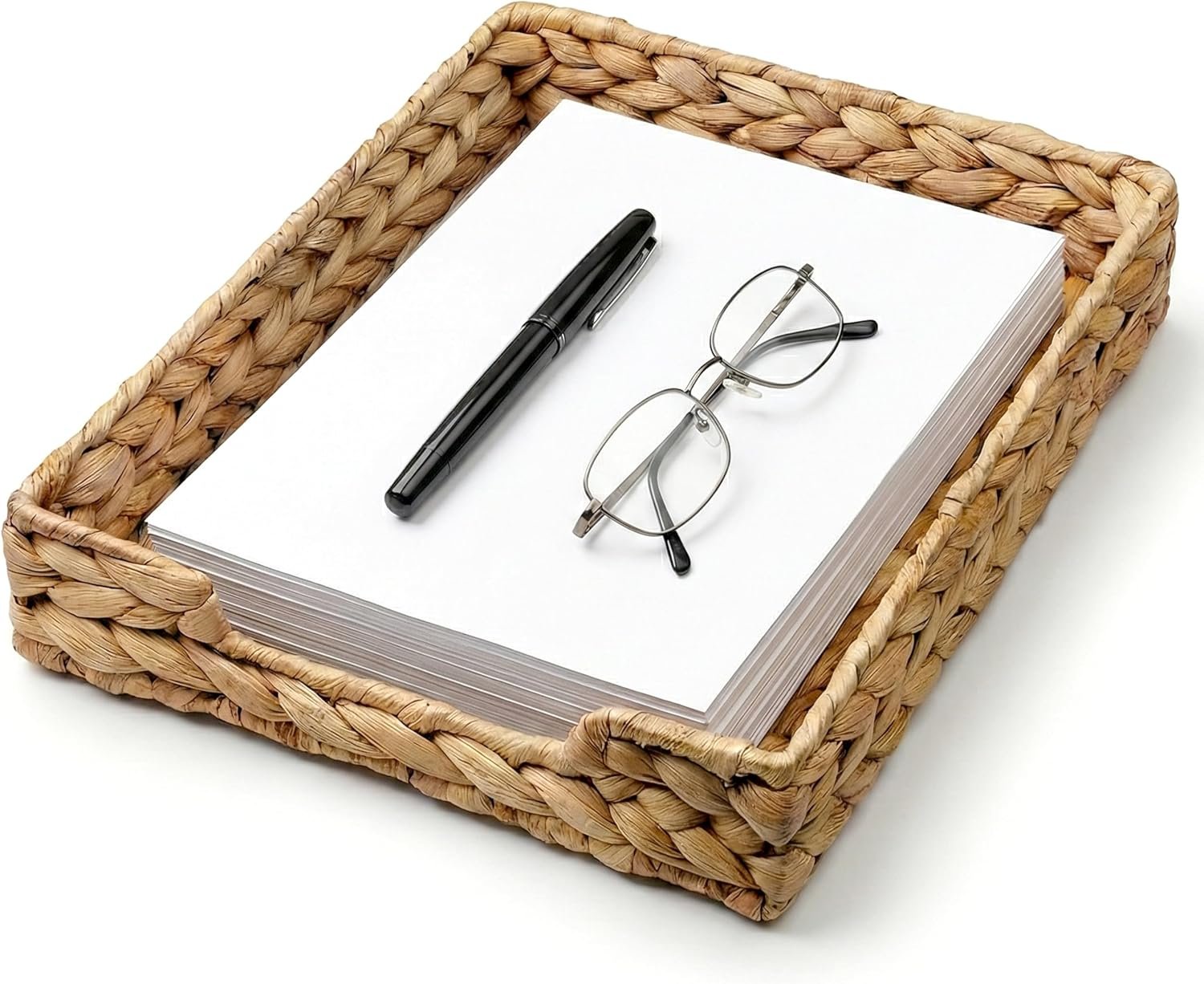 Water Hyacinth Woven Letter Tray and Desktop Organizer for Office Supplies