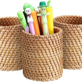 3 Pack Rattan Pen Cup, Handmade Desk Pencil Holders Makeup Brush Holder Multi-Functional Woven Basket Office&Home Desktop Organizer (Cylinder)