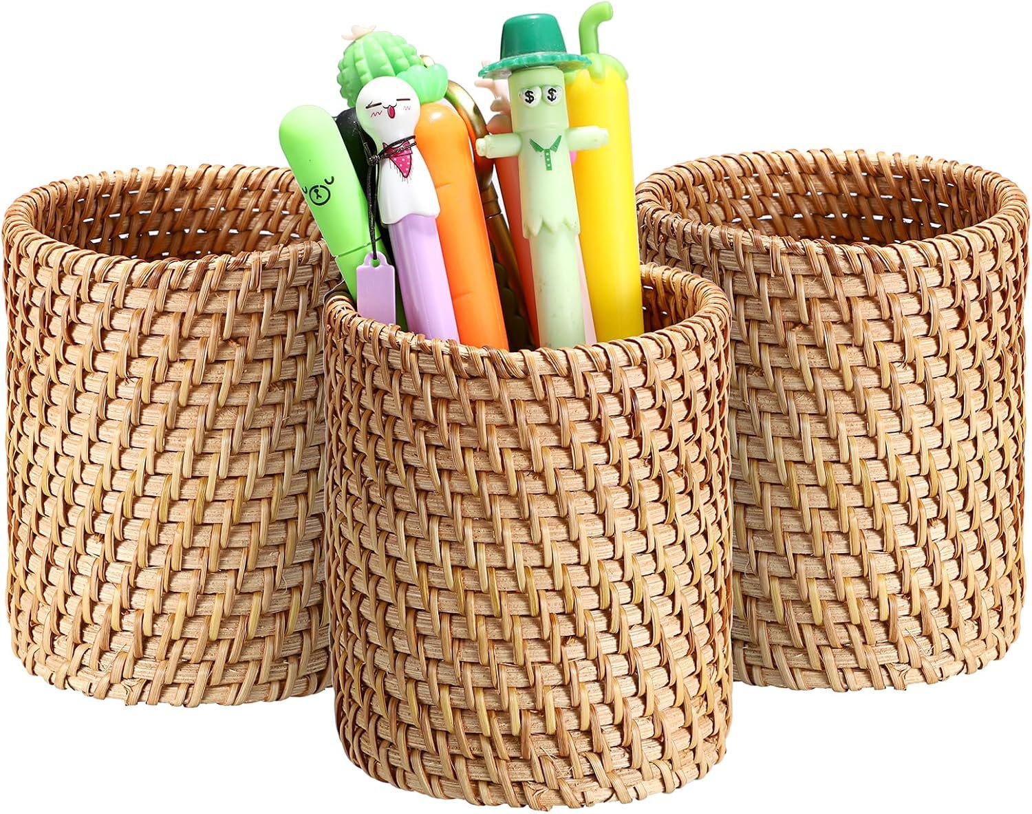 3 Pack Rattan Pen Cup, Handmade Desk Pencil Holders Makeup Brush Holder Multi-Functional Woven Basket Office&Home Desktop Organizer (Cylinder)