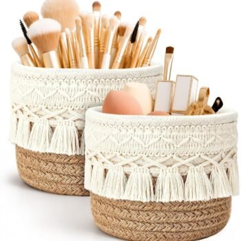 2Pcs Boho Macrame Cotton Woven Storage Baskets 3.93 Inch Foldable Mini Lace Weave Basket with Tassel Decor Portable Makeup Brush Organizer Small Desktop Caddy for Nightstand Desk Bathroom Home Decor