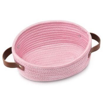 Mini Woven Cotton Rope Storage Basket - Oval Decorative Shelf Gift Basket for Nursery, Empty - 9.4" x 5.9" x 3.9