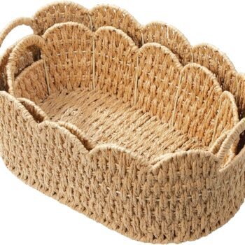 Paper Rope Scalloped Basket Set of 2, Wicker Storage Baskets for Shelves,Gifts,Books,Toys,Cute Decor Rattan Baskets for Organizing,Natural Color